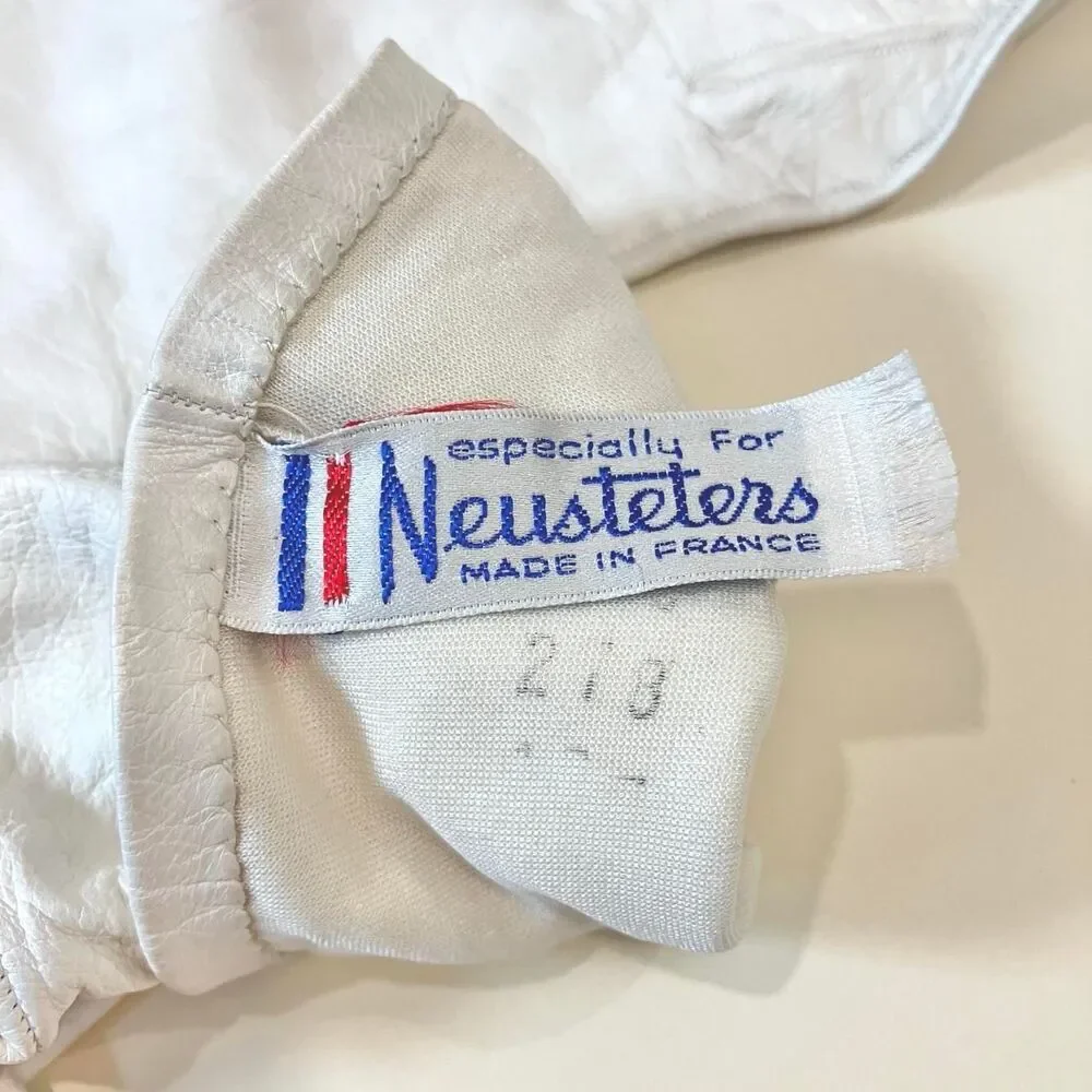 1950s vtg Neusteters made in France white leather & silk evening opera gloves